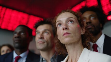 A diverse group gazes intently at stock tickers, embodying financial urgency, global market shifts, and International Stock Exchange Day