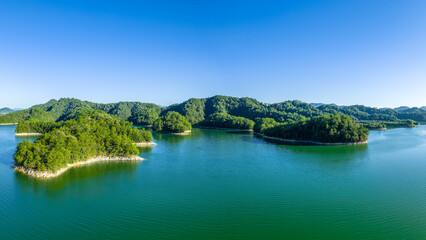 Aerial view of the beautiful lake and green mountain natural landscape in morning. Famous Qiandao...