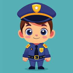 Cartoon police officer with big eyes and blue uniform stands at attention calmly