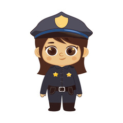 Cartoon policewoman with brown hair, wearing navy uniform and hat stands on a white backdrop