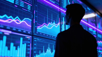 A person stands facing a wall of large digital screens displaying colorful data visualizations. The setting is a contemporary office at night, highlighting analytical work and technology