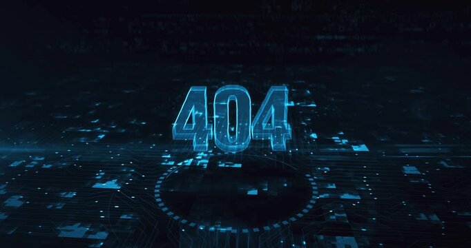 Error 404 page not found oops problem hologram symbol appears on a digital background. Network, cyber technology and computer abstract concept 3d animation.