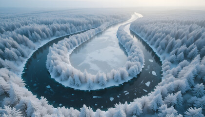 Aerial view of a frozen river winding through a snow-covered forest a winter landscape showcasing natural beauty and serene atmosphere perfect for travel and environmental themes