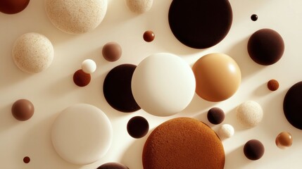 The image is a collage of various colored spheres, including white, brown, and black. The arrangement of the spheres creates a sense of depth and texture, with some spheres overlapping