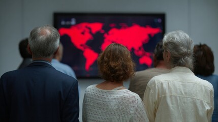Obraz premium Elders of diverse backgrounds contemplate a glowing crisis map, echoing World Awareness Day and Global Data Fest