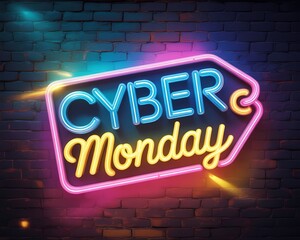 Cyber monday neon sign on a brick wall, advertising a special sale
