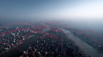 Sprawling metropolis under digital web, conceptualizing future tech visions, Cyber Monday's tech-tapestry, urban innovation dreamscape