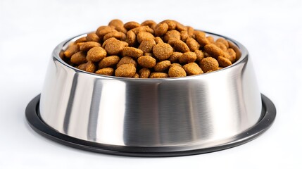 A close-up studio shot of a stainless steel dog bowl filled to the brim with dry kibble dog food.