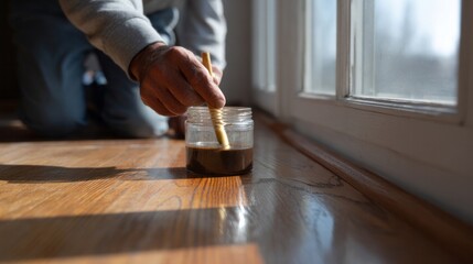 Applying golden oil to wooden floor, meticulous craft of renewal, Earth Day eco-friendly, DIY home transformation