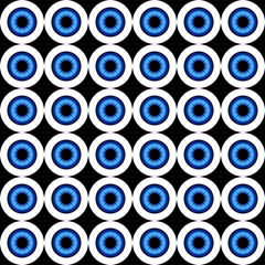 Seamless geometric pattern with circular shapes resembling dark blue eyes. Symmetrical design with natural blue gradient tones creates an abstract yet organic optical effect
