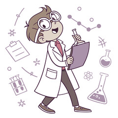 Cartoon scientist in a lab coat carries clipboard and test tube with scientific icons