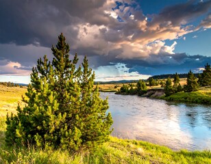 Obraz premium Scenic river flows through a vibrant landscape under a dramatic, cloudy sky