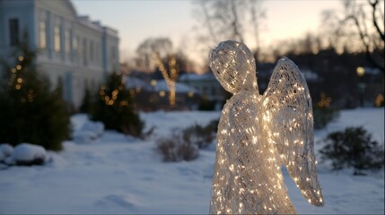 Twinkling angel sculpture in snowy twilight, ethereal glow invoking quietude, reminiscent of Nordic Yule and serene winter solstice