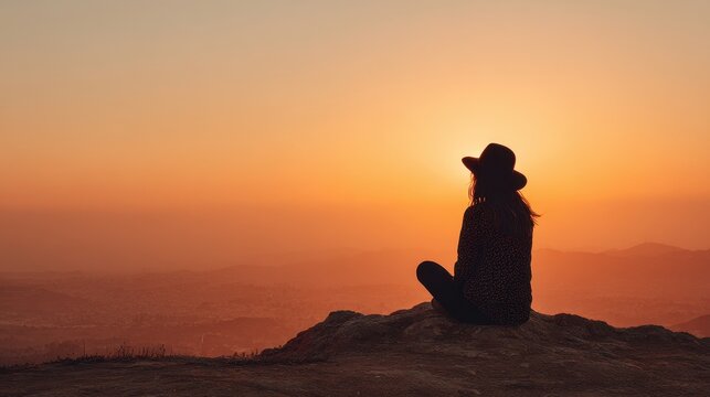 Woman Meditating on Mountaintop Overlooking Vast Sunset Landscape
