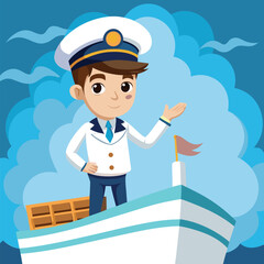 Smiling ship captain stands on the vessel deck waving his hand in front of blue sky