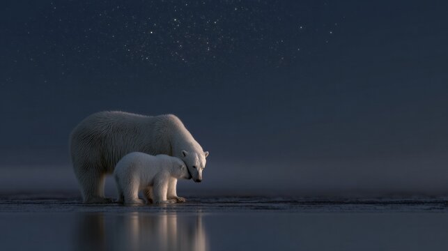 Silent polar embrace under twilight's frost-kissed canvas, echoing Earth Day and International Polar Bear Week's frosty vigilance