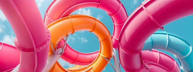 Colorful water slides in shades of pink and orange twist and turn against a clear blue sky, inviting adventure in an empty resort. The scene evokes fun and summer joy