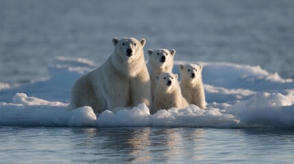 Arctic quintet on icy stage, embodying resilience for Polar Bear Day, climate awareness, snowbound family harmony in frozen seascape