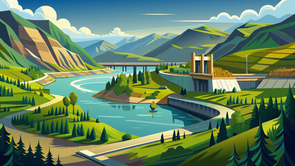 Very beautiful scenic view of Kirby Billingsley Hydro Park along the Columbia River in East Wenatchee, Washington State, USA, showing lush green parkland, calm river waters, and surrounding hills alon