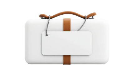 Luggage Tag on White Suitcase with Handle on Transparent Background