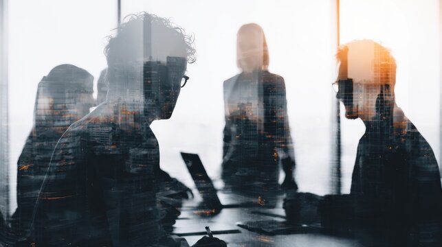 Business colleagues in double exposure meeting working on laptops with city view.
