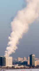 Towering plume of steam kisses urban skyline, evoking Industrial Symbiosis Day and celebrating World Environmental Health, urban renewal whispers