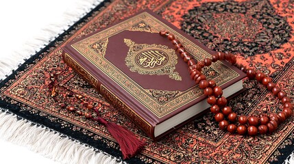 Holy Quran book with rosary tas and prayer mat isolated on the white background