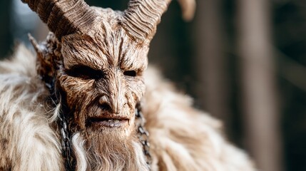 Krampus creature with twisted horns and shaggy fur, evoking alpine folklore and shadowy Yuletide traditions, eerie winter festival