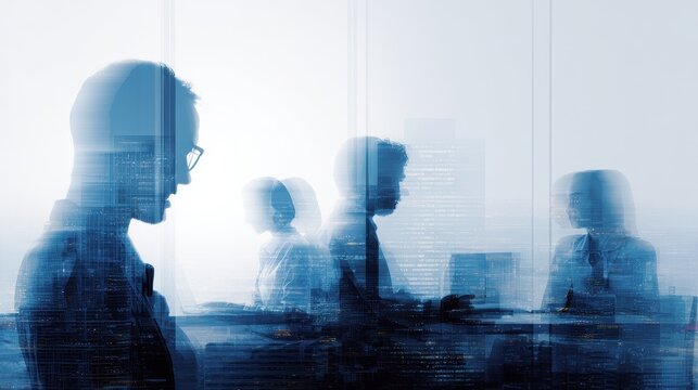 Professional Business Team Collaboration with City Silhouette Double Exposure Effect