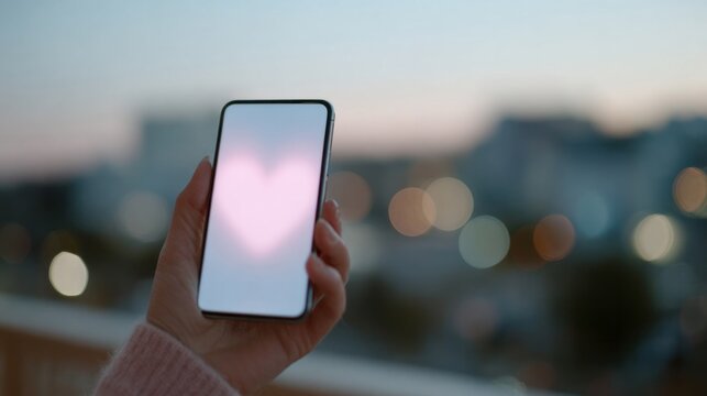 A soft-lit screen glows heart-shaped under twilight, connecting distant lovers, Global Love Day whispers digital romance
