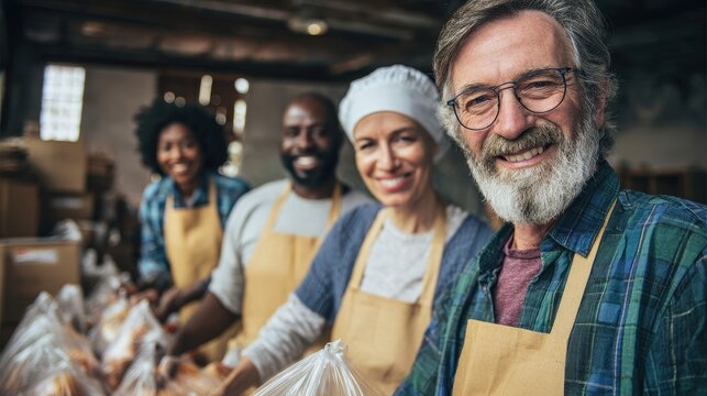 Diverse group of happy volunteers working together at a food bank
