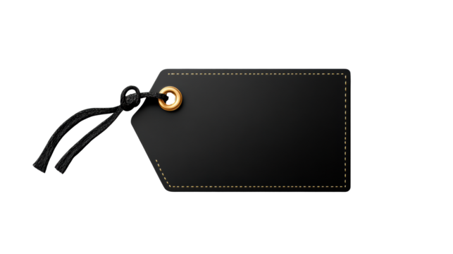 Black tag with gold eyelet on transparent background