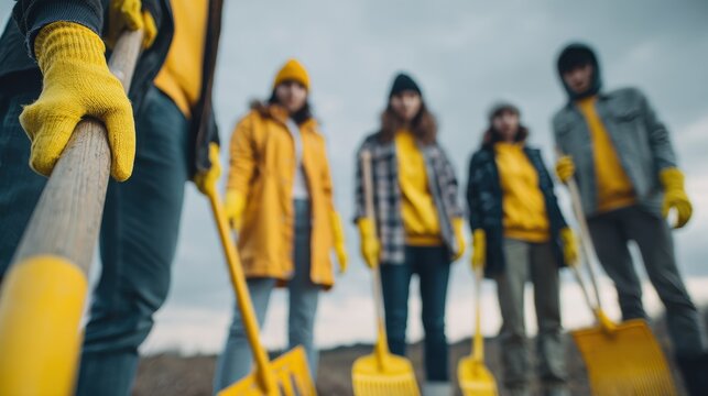 Low Angle View of Volunteers with Shovels Ready for Outdoor Work