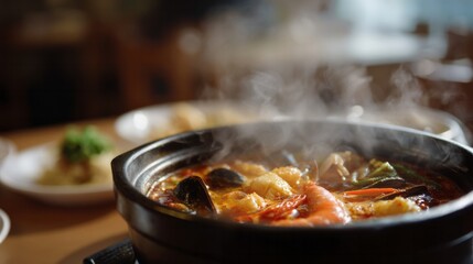 Steaming cauldron of seafood stew, evoking Lunar New Year warmth, nestled aromas of umami harmony, culinary alchemy celebrated