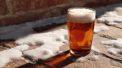 A refreshing glass of beer with a frothy head on a snowy day. The golden liquid is perfectly contrasted by the snow