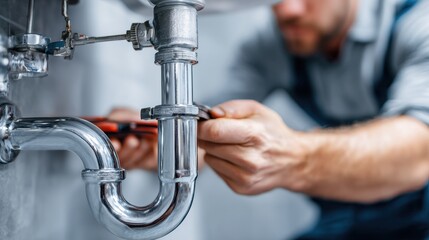 Professional Plumber Fixing Sink Pipe with Wrench in Bathroom