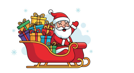 A cheerful cartoon Santa Claus waving from his sleigh filled with colorful Christmas presents.