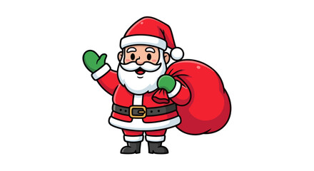 A cute cartoon Santa Claus waving hello while holding a large red sack of gifts.