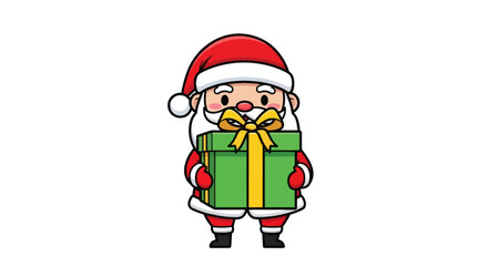 Cartoon Santa Claus character holding a large, wrapped present with a bow.
