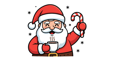 Cartoon Santa Claus holding a steaming mug and a candy cane, surrounded by snowflakes, expressing holiday cheer.