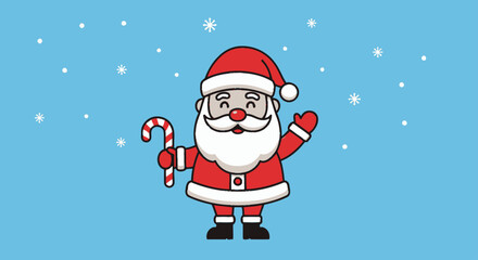 A cheerful cartoon illustration of Santa Claus wearing his iconic red suit and hat, holding a striped candy cane and waving, with snowflakes falling against ...