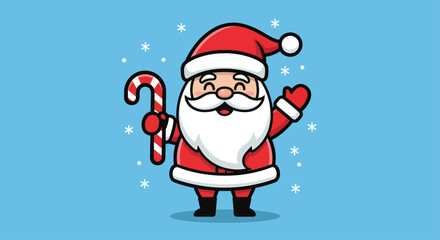 A cute cartoon Santa Claus waving and holding a candy cane with snowflakes in the background.