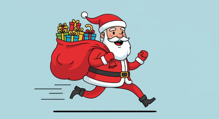 Cartoon illustration of Santa Claus running with a large red sack full of colorful Christmas gifts on a light blue background.