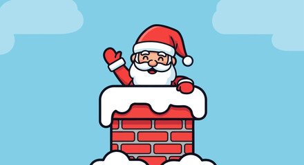 Cheerful cartoon Santa Claus waving from a brick chimney covered in snow, set against a light blue sky with clouds.