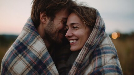 Obraz premium Snuggled under a tartan blanket, a joyful Caucasian couple savors autumn's whisper, reminiscent of Sweater Weather Day magic