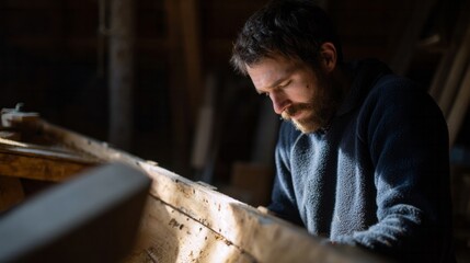 Rugged Caucasian man woodworking in sunlit workshop evokes rugged craftsmanship and contemplative essence, nodding to Arbor Day and Lagom