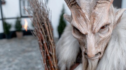 Eerie figure with twisted horns, embodying Alpine folklore's Krampusnacht, Pagan winter revelry with mythical mischief under frosty skies