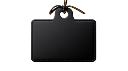 Black Leather Tag with Cord on Transparent Background