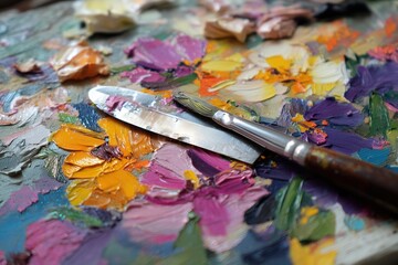 Obraz premium The artist used oil and acrylic brushes to create a painting of flowers.