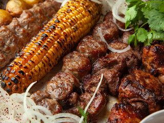 Meat barbecue with corn Close up